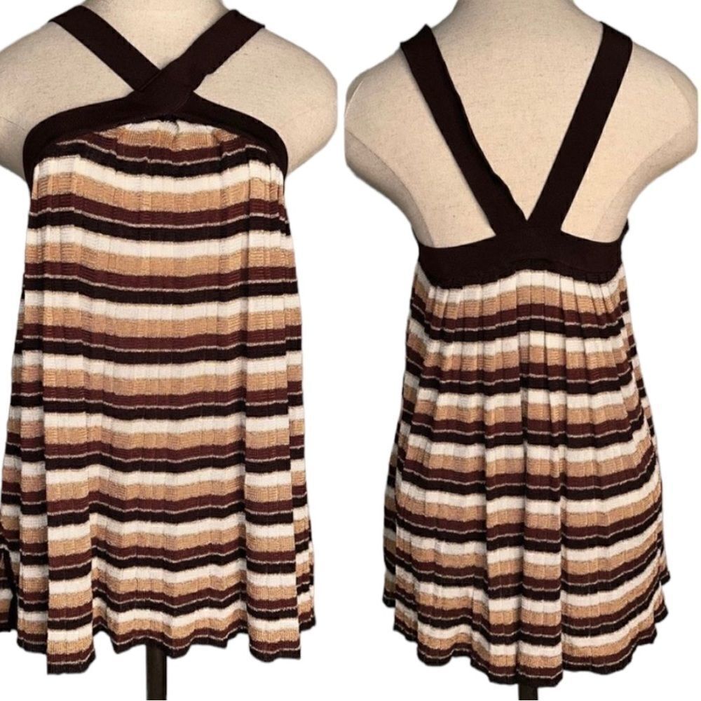 Bebe Women M Neutral Striped Metallic Strappy CrissCross Halter Sweater Tank Top